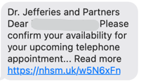 Example text message from NHS NoReply